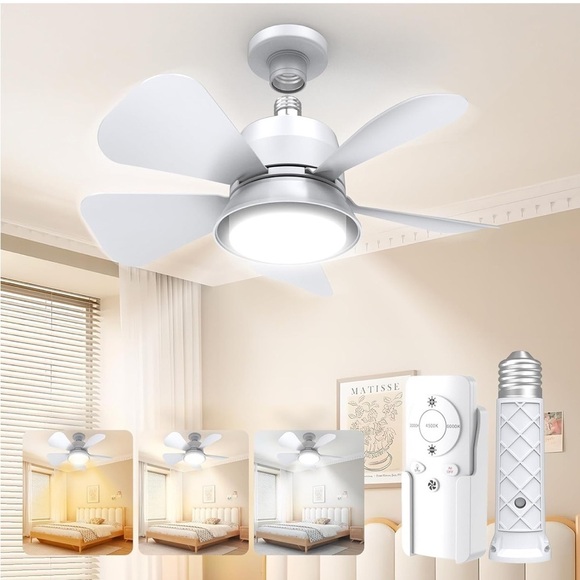 Brand New Socket Ceiling Fan 3-Color LED Light Dimmable Remote Control White - Picture 2 of 16